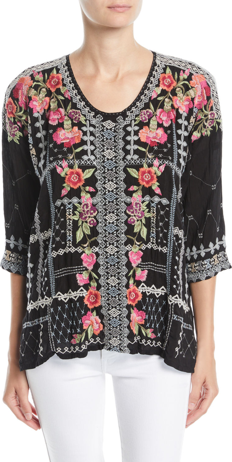 Johnny Was Carnation Embroidered Georgette Blouse