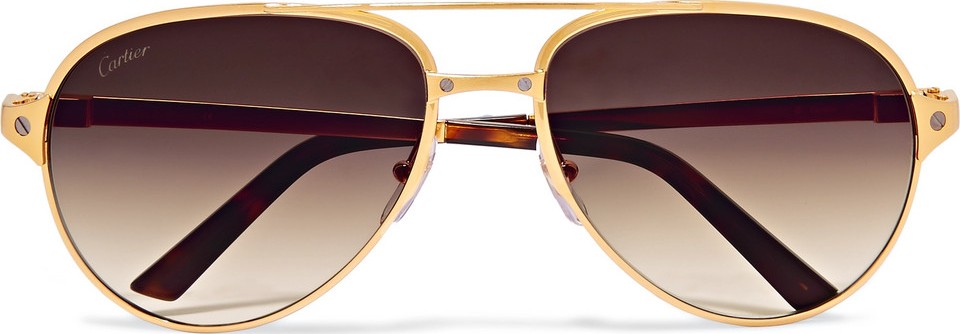 Cartier Santos de Cartier Aviator-Style Leather-Trimmed Gold-Plated Sunglasses