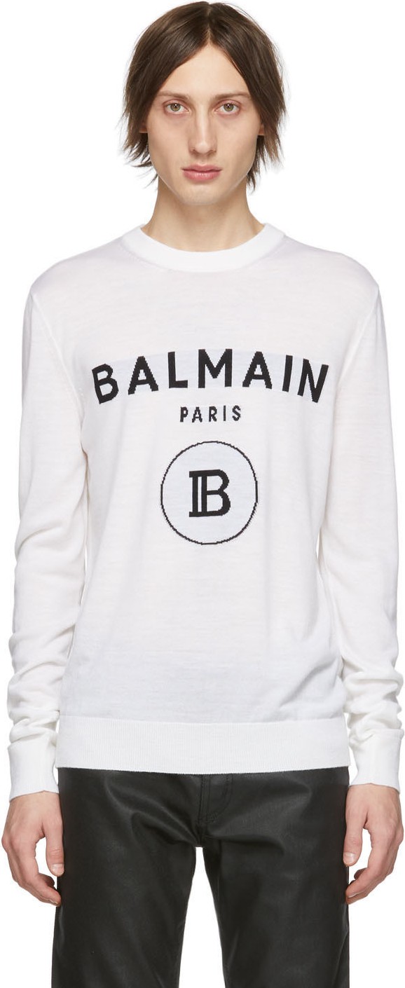 Balmain White Wool Logo Sweater