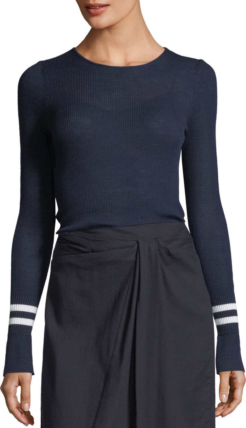 Vince Ribbed Wool Sweater w/ Striped Cuffs