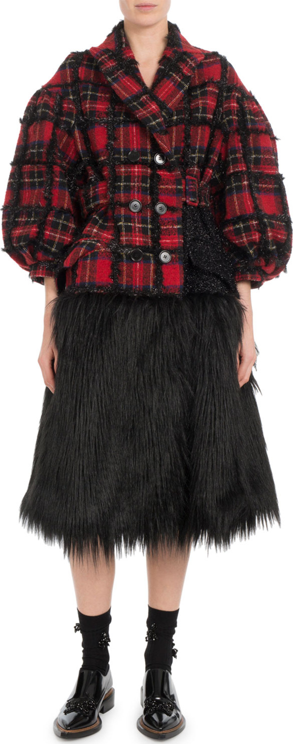 Simone Rocha Double-Breasted Plaid Tinsel-Back Faux-Fur Bottom Coat