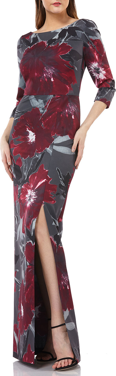 Kay Unger Bateau-Neck Floral Dress in Stretch Crepe