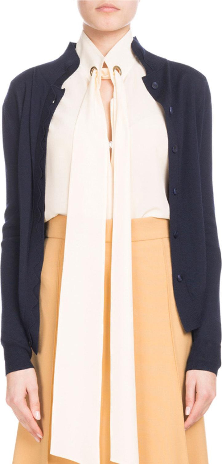 Chloe Scallop-Front Collared Cardigan
