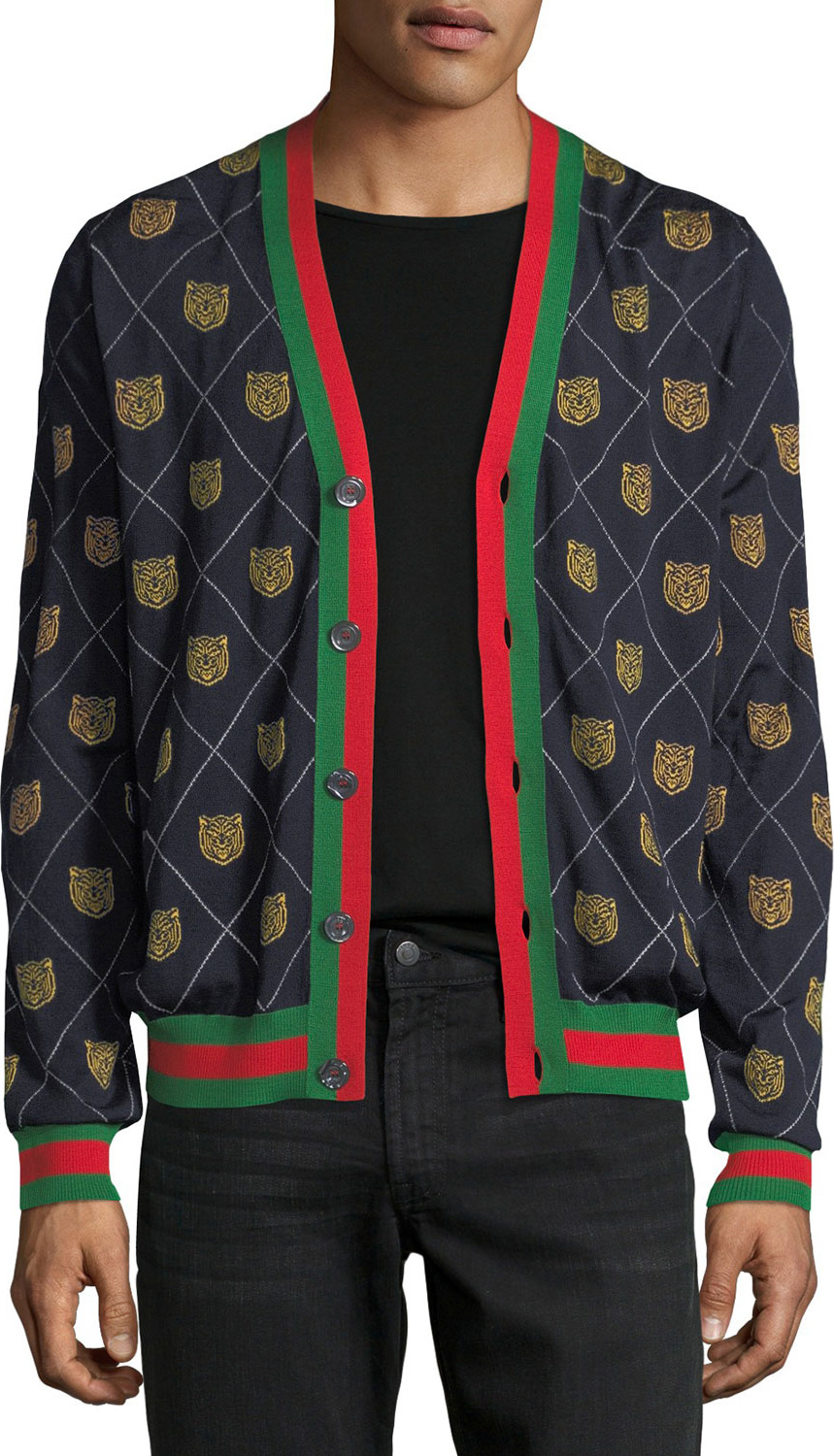 Gucci Tiger Argyle Wool Cardigan