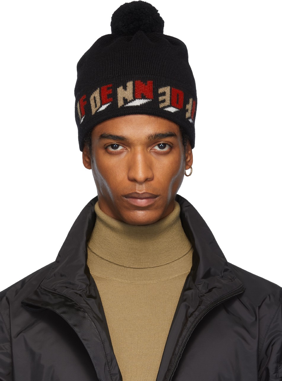 Fendi Black Wool '3D Fendi' Pom Pom Beanie