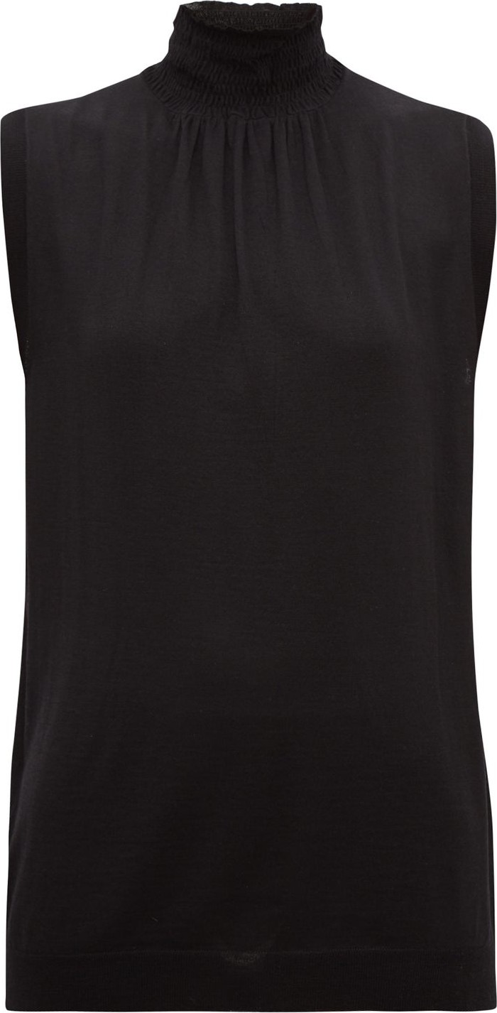 Prada Smocked high-neck wool-jersey sleeveless top