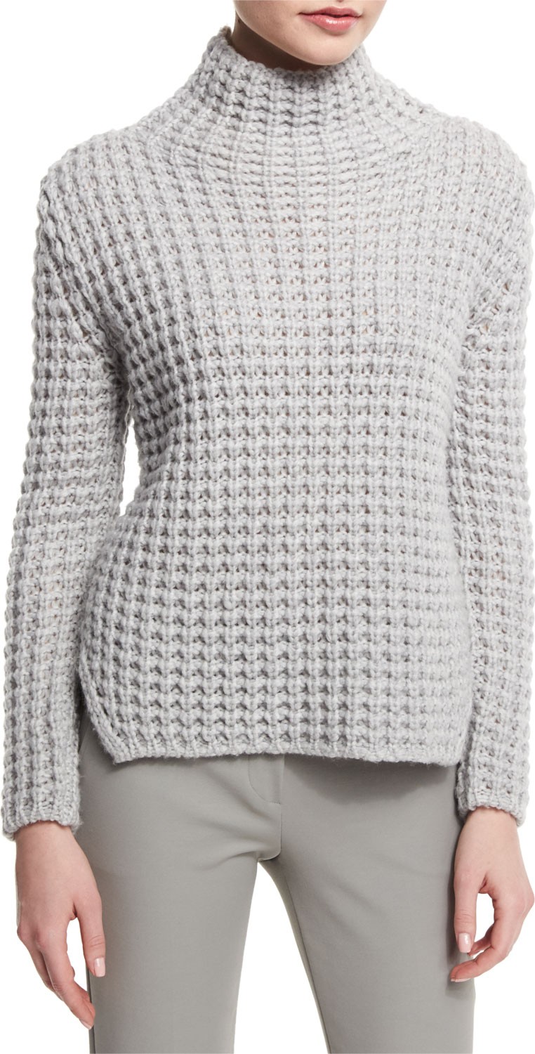 Armani Collezioni Popcorn-Knit Turtleneck Side-Split Sweater, Silver Gray