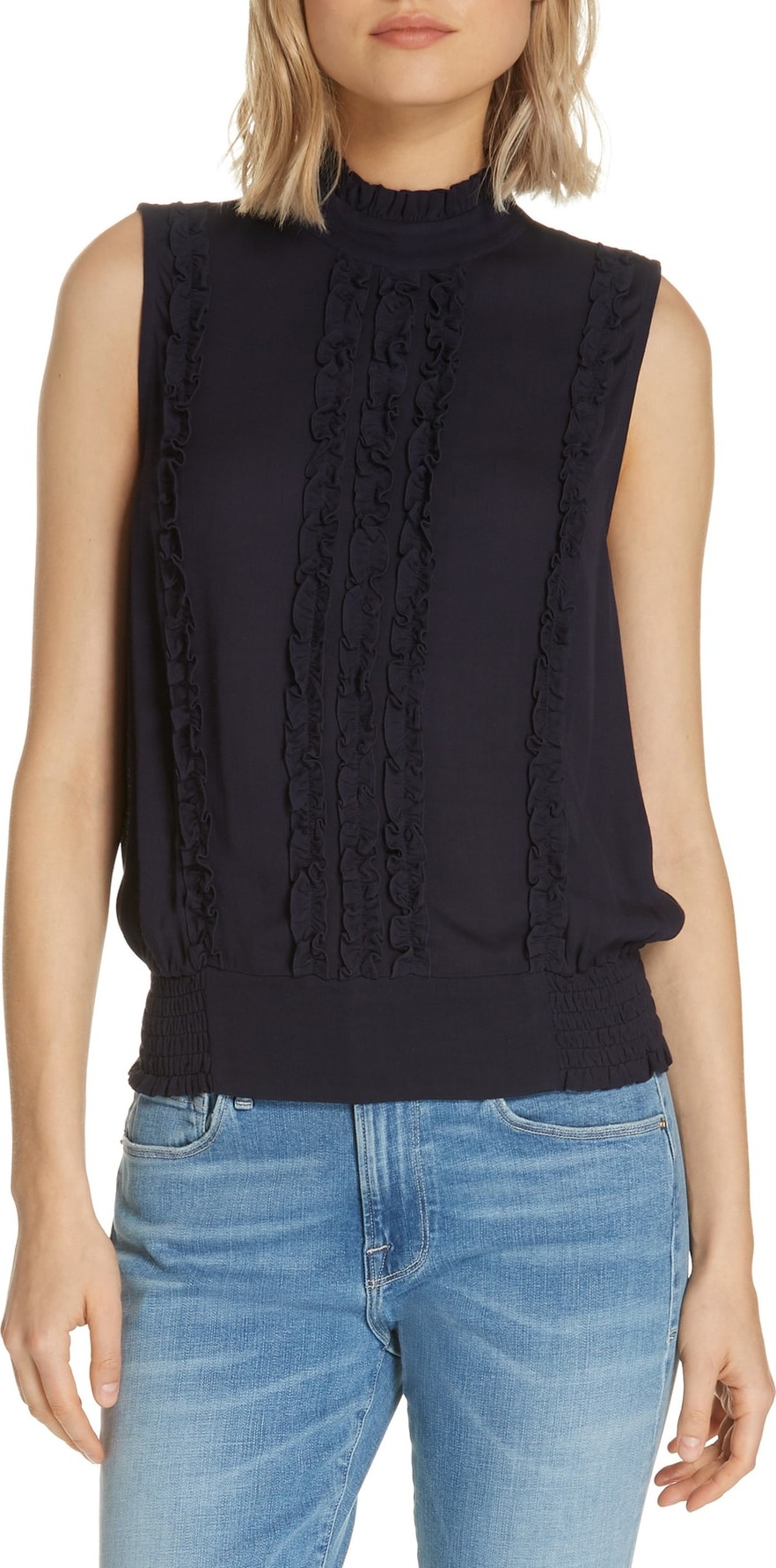 FRAME DENIM Ruffle Button Back Top