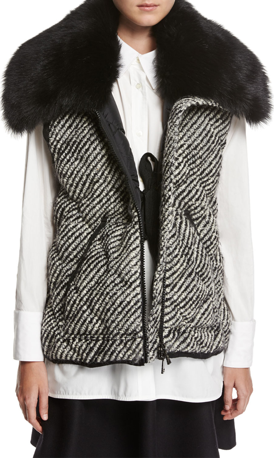 Moncler Eleagnus Tweed Quilted Vest w/ Fur Trim