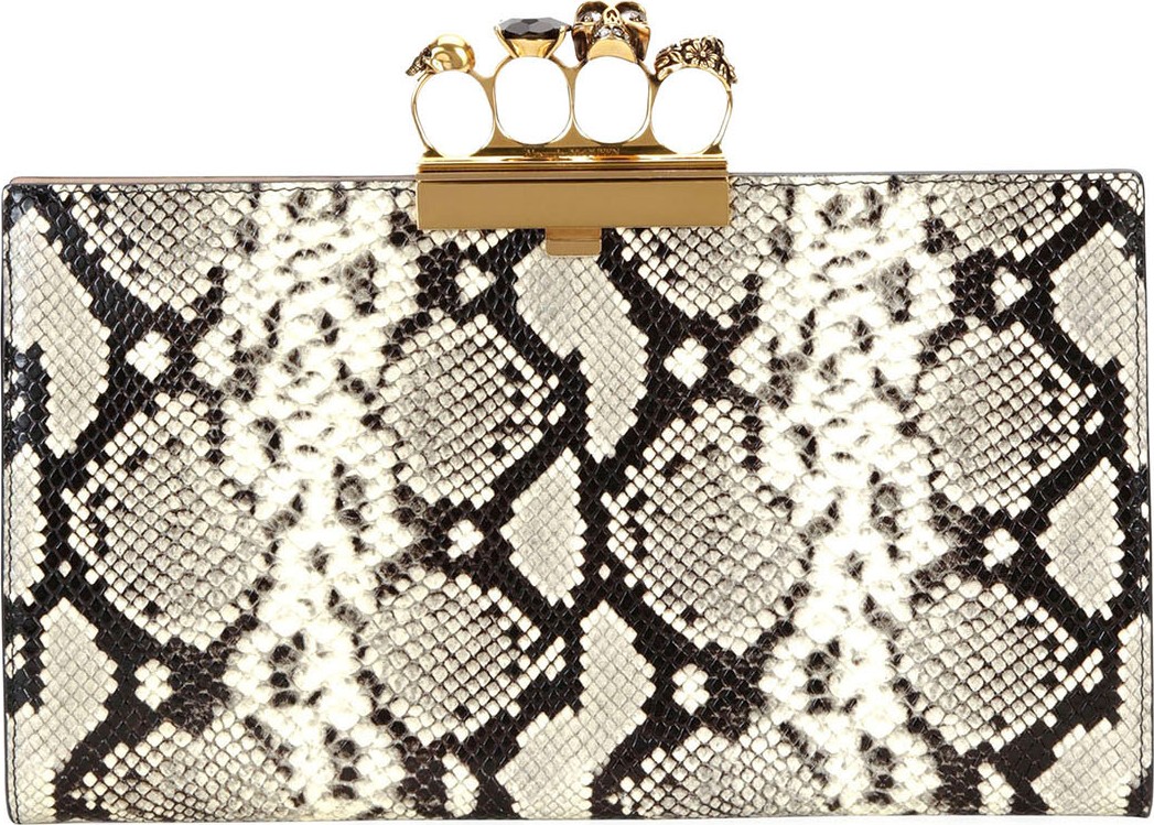 Alexander McQueen Skull Four-Ring Snake-Embossed Flat Pouch Clutch Bag
