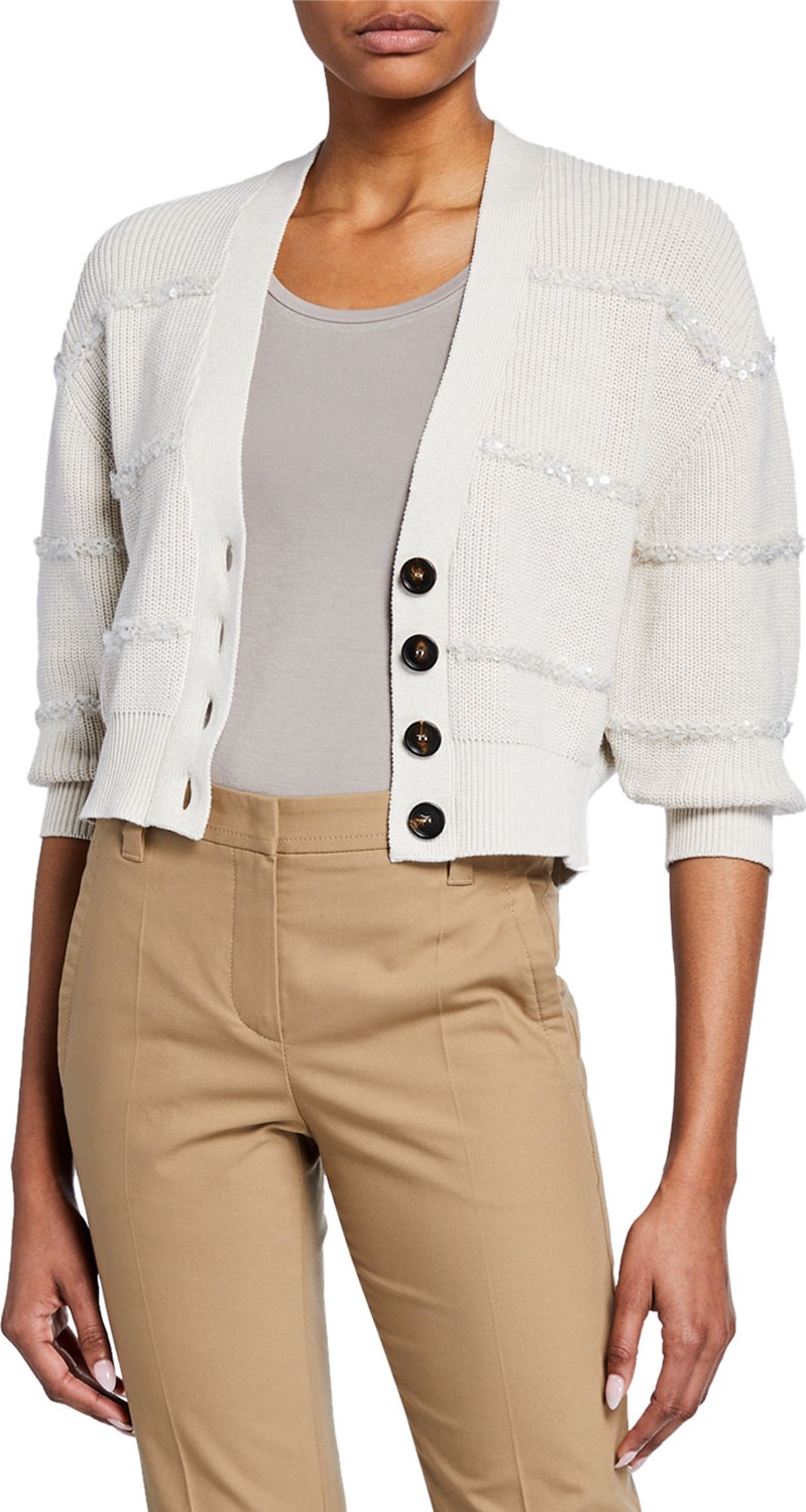 Brunello Cucinelli Sequin-Striped Textured Cropped Cardigan