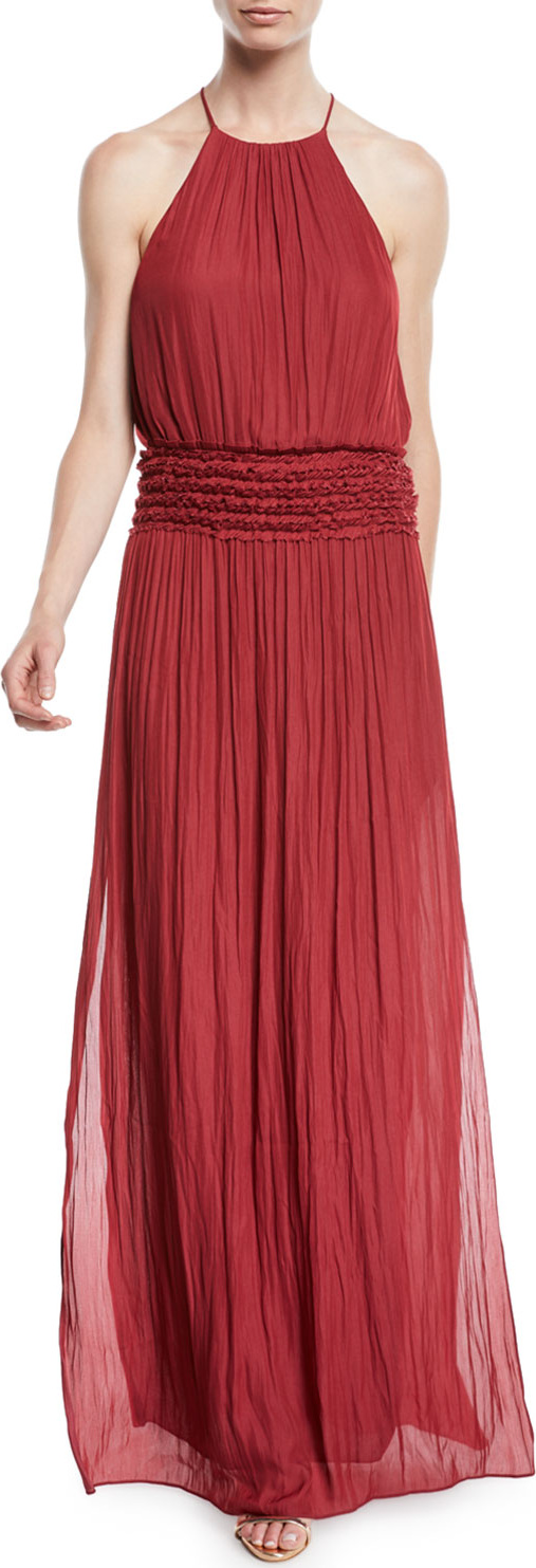HALSTON HERITAGE Ruffled Halter Gown w/ Smocked Waist