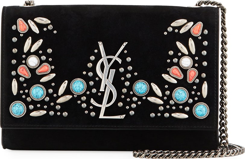 Saint Laurent Kate Monogram YSL Small Stone-Studded Suede Shoulder Bag