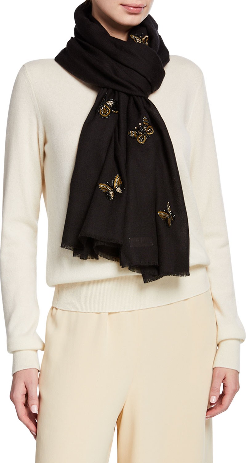 K Janavi Butterflies Beaded Merino Wool Scarf