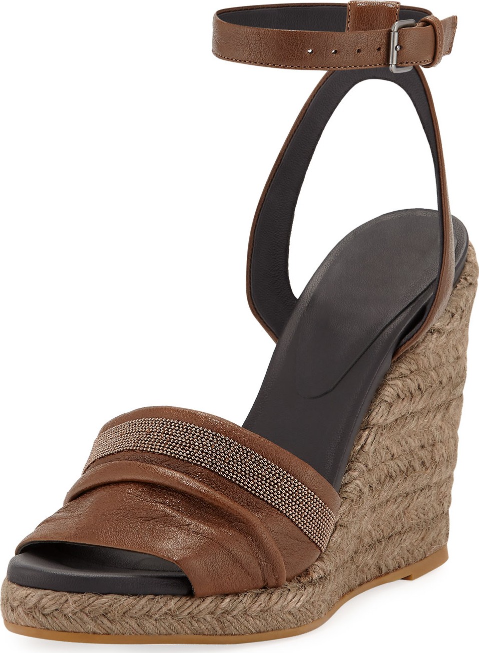 Brunello Cucinelli Leather Wedge Espadrille Sandals with Monili Toe