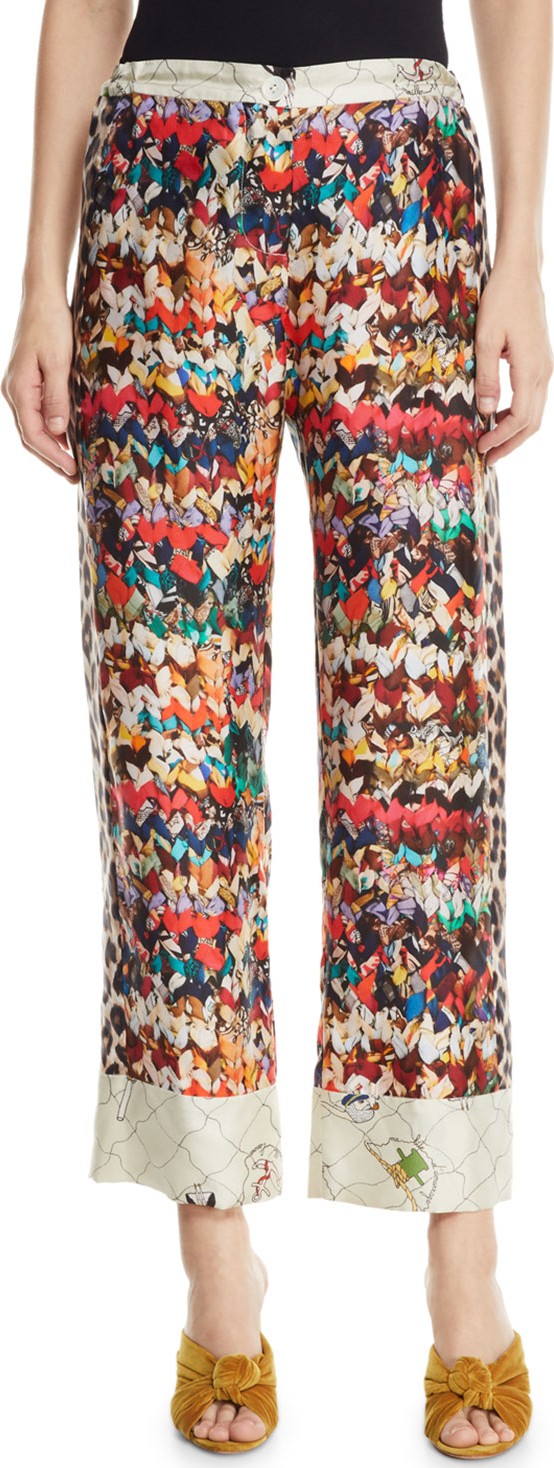 La Prestic Ouiston Riviera Butterfly-Print Silk Pants