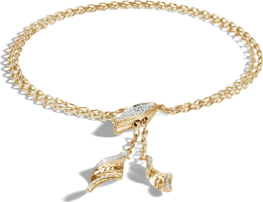John Hardy 18k Classic Chain Wave Hammered Diamond Pull-Through Bracelet