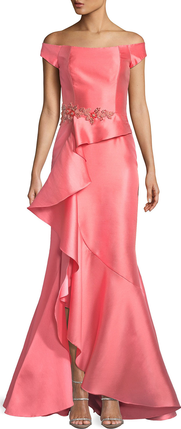 David Meister Off-the-Shoulder Ruffle Gazaar Gown