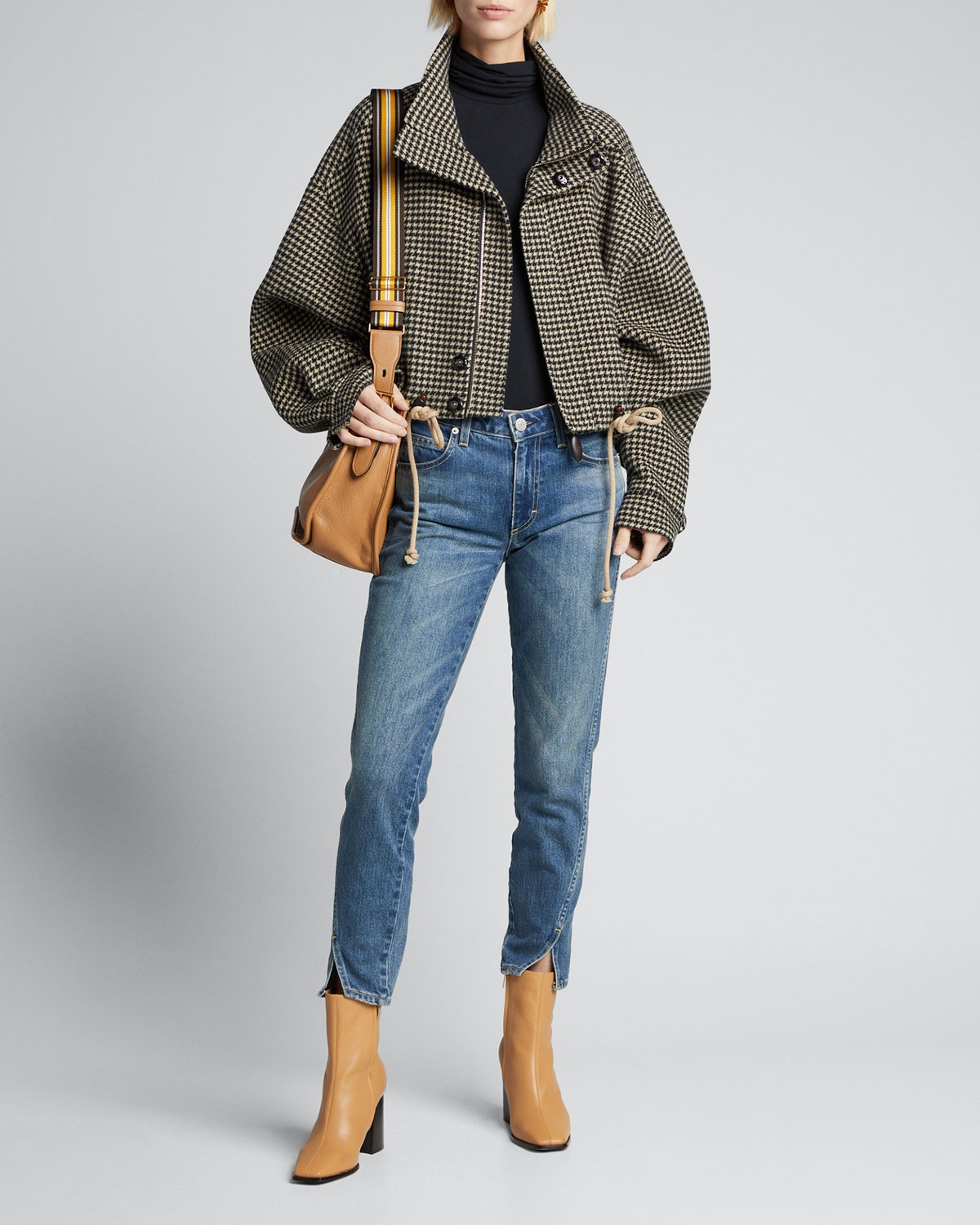 Nanushka Houndstooth Crop Jacket with Faux-Leather Trim