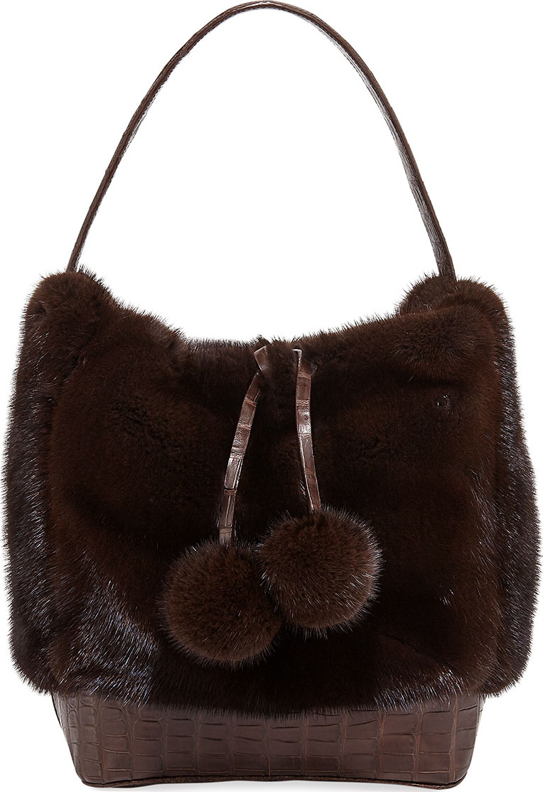 Nancy Gonzalez Nina Medium Mink Fur Bucket Bag w/ Crocodile Trim