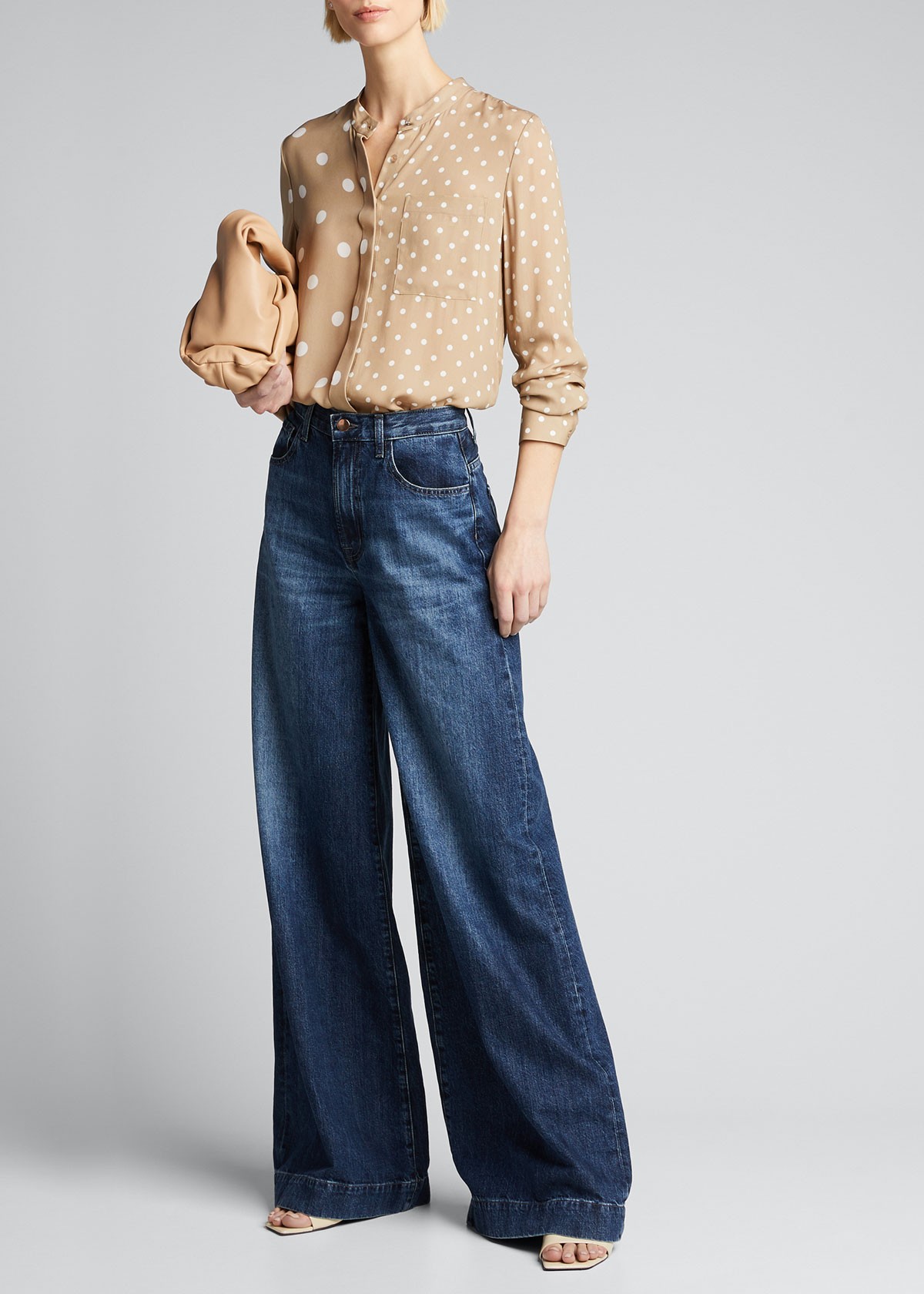 Elie Tahari Nina Mixed-Dot Long-Sleeve Tie-Neck Shirt