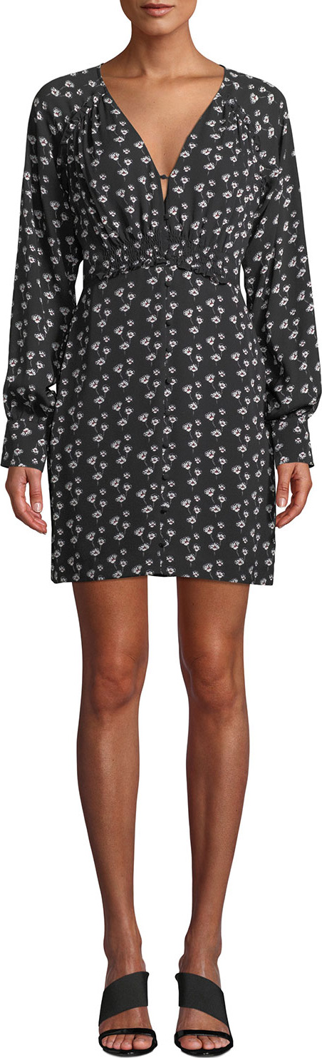 Tanya Taylor Kris Poppy-Print Silk Long-Sleeve Short Dress