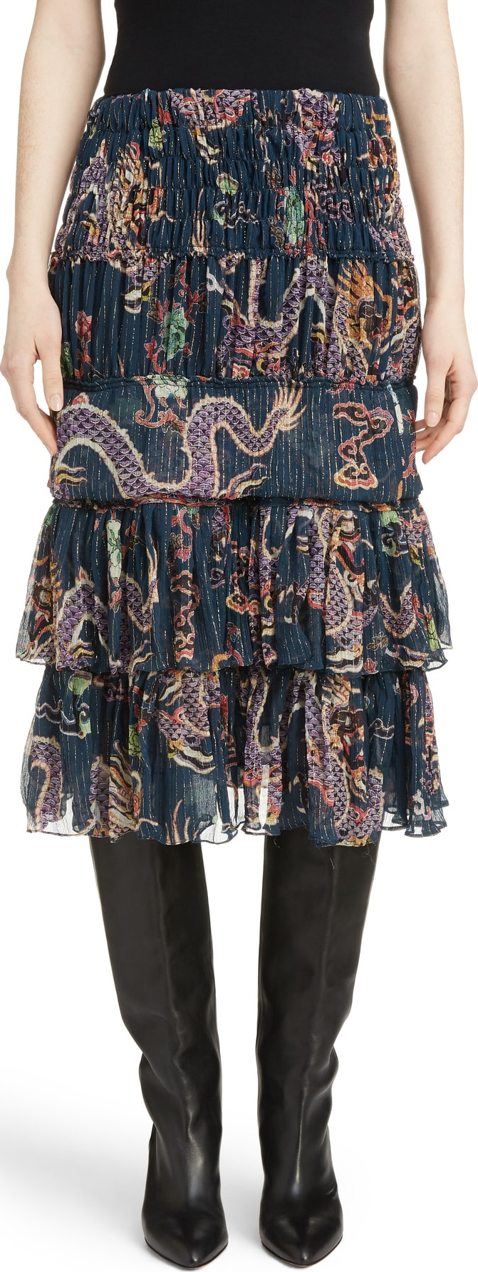 Isabel Marant Zuki Tiered Dragon Print Silk Blend Skirt
