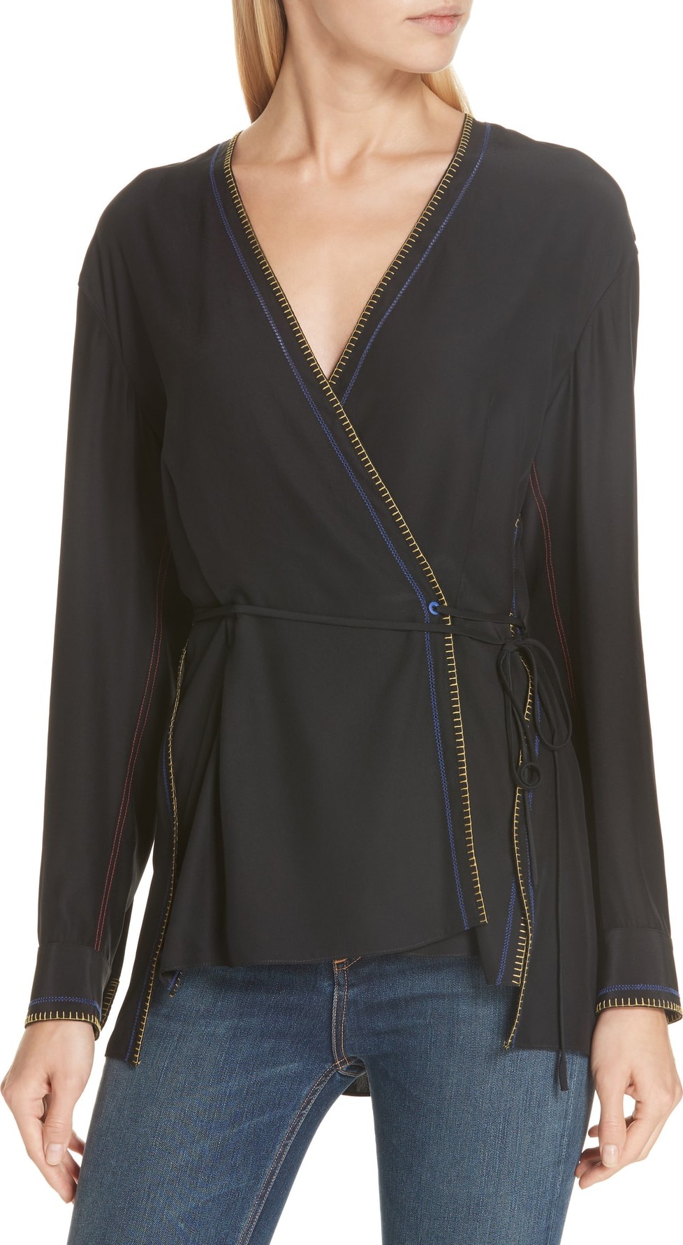 Rag & Bone Lina Embroidered Silk Wrap Blouse