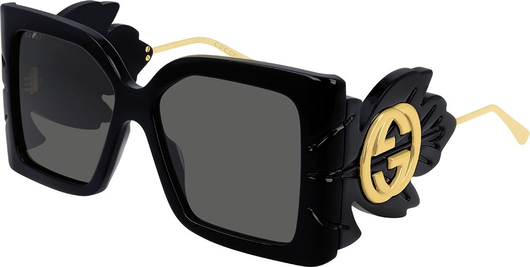 Gucci Square Acetate Sunglasses w/ Oversized Leaf & GG Temples