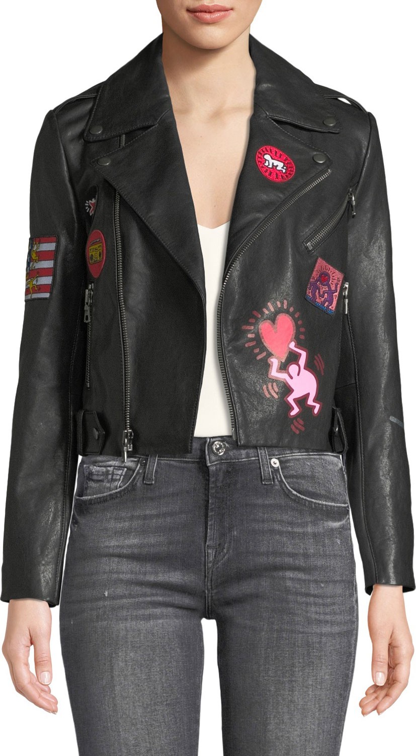 Alice + Olivia Keith Haring x Alice + Olivia Cody Cropped Leather Moto Jacket