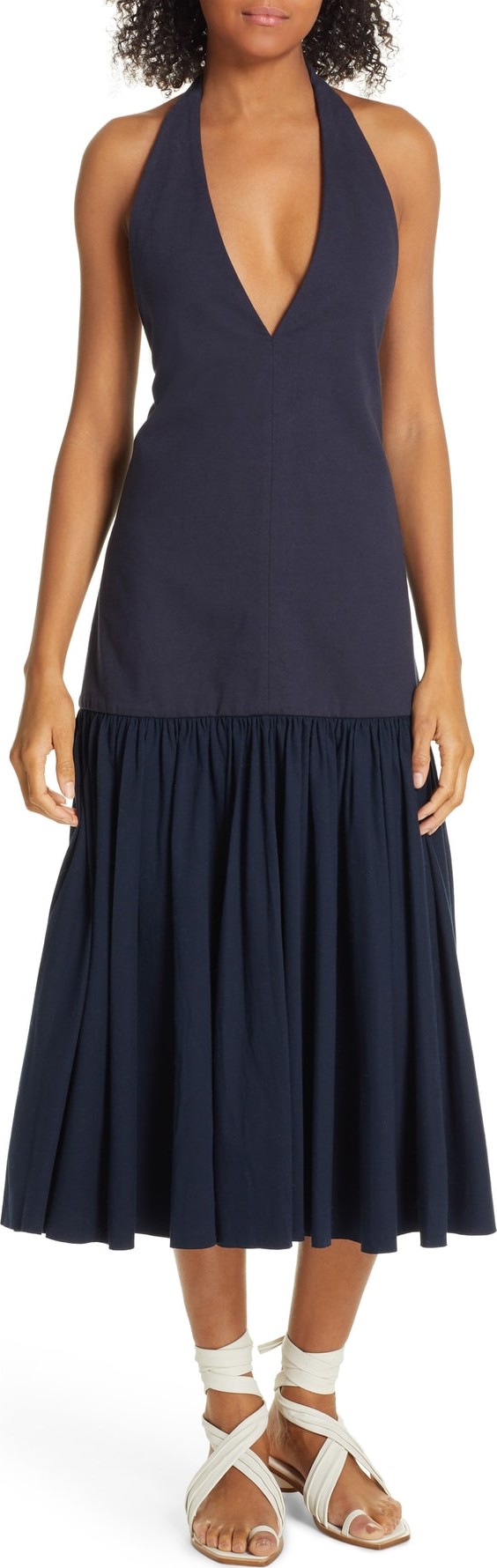 Tibi Deep-V Punto Milano Midi Dress