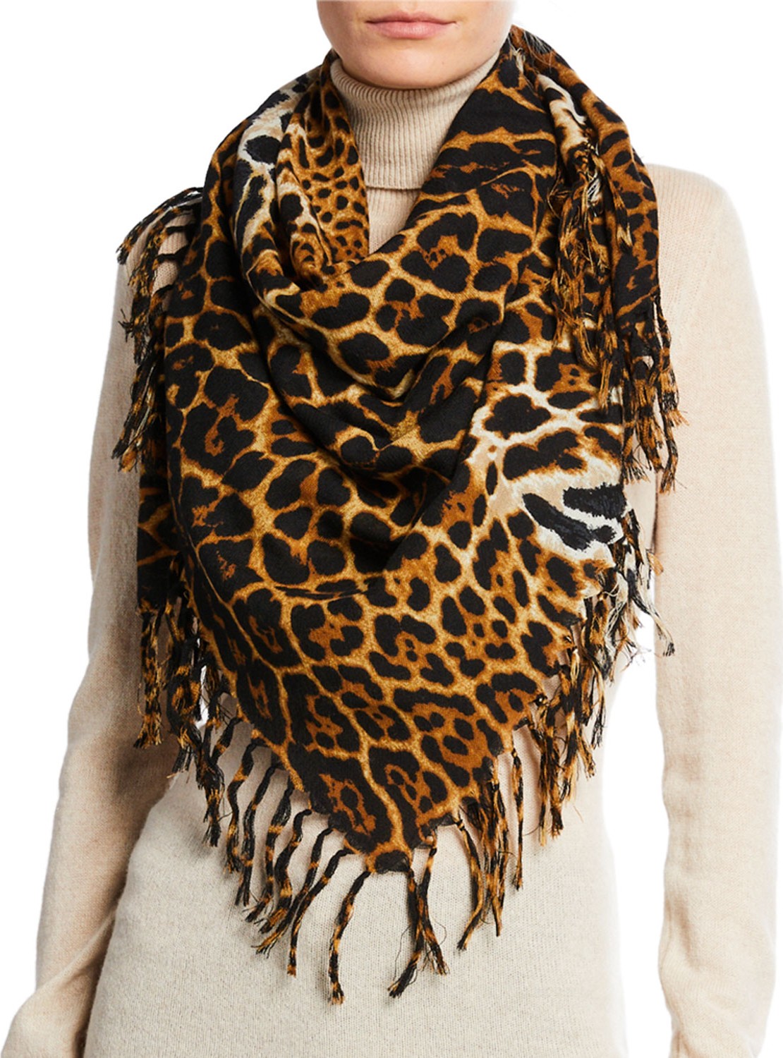 Saint Laurent Wool Toile Leopard Fringe Scarf