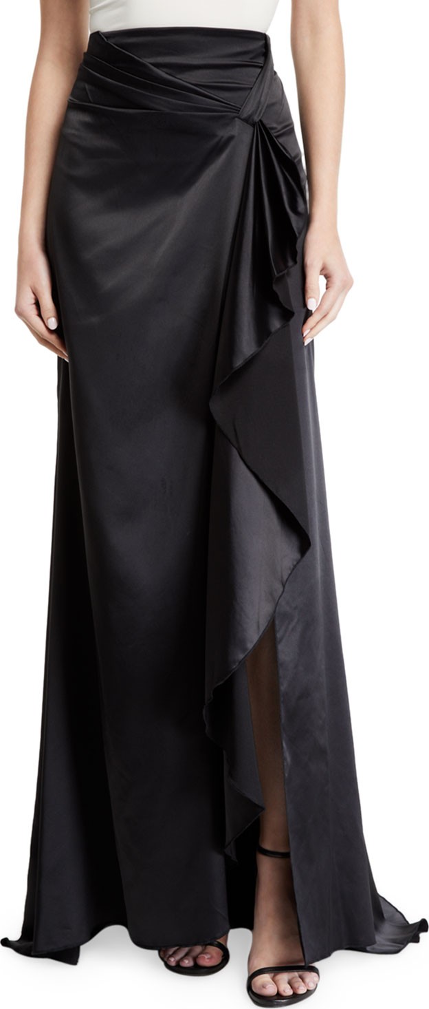 Alexis Brill Long Draped-Front Satin Skirt