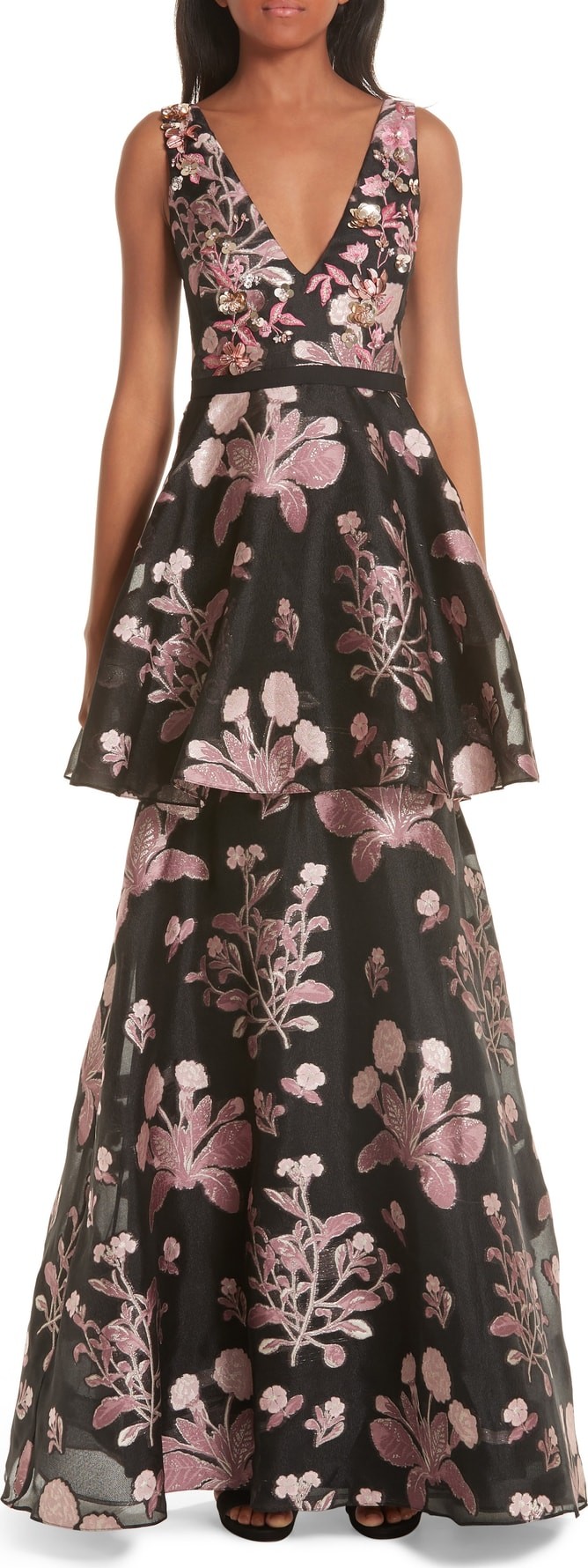 Marchesa Notte Embellished Jacquard Evening Dress