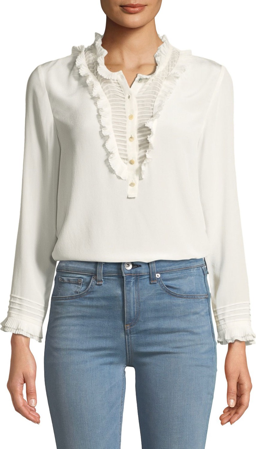 Rebecca Taylor Ruffled Long-Sleeve Button-Front Silk Top