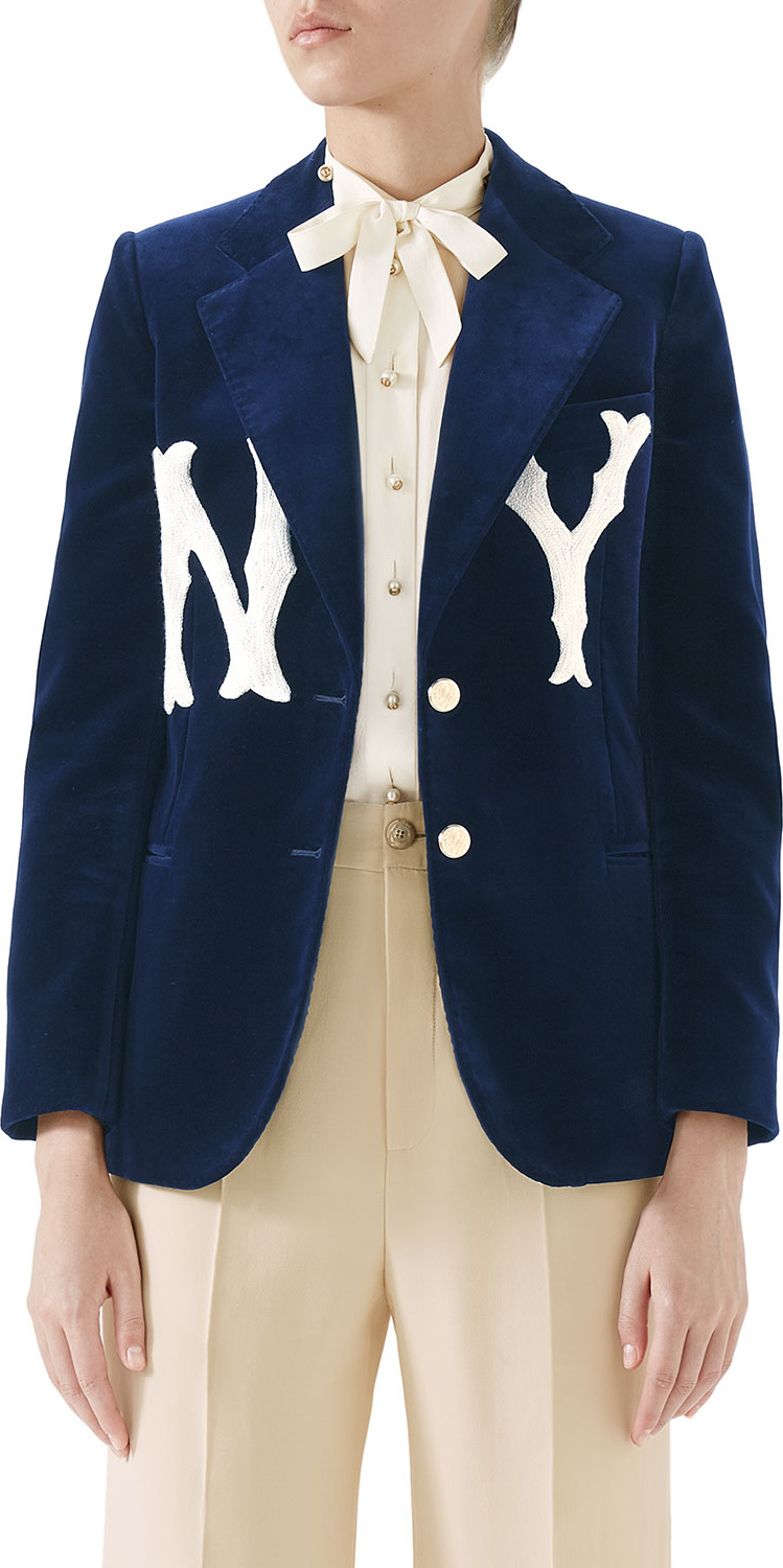 Gucci Two-Button Soft Cotton Velvet Jacket w/ NY Yankees MLB Patch