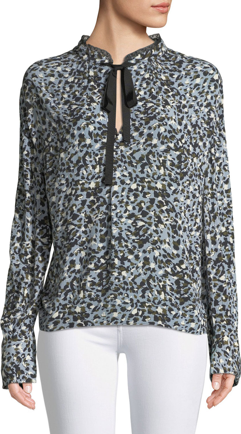Zadig & Voltaire Leopard Crinkled Slit-Neck Blouse