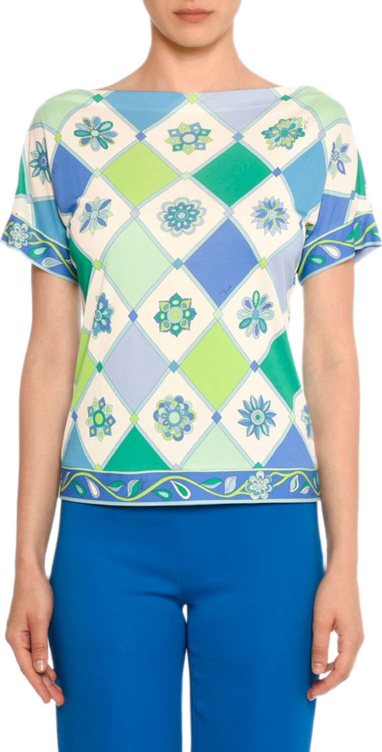 Emilio Pucci Boat-Neck Short-Sleeve Wallpaper-Print Silk-Blend Top