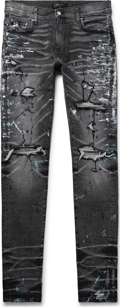 Amiri Skinny-Fit Distressed Paint-Splattered Stretch-Denim Jeans