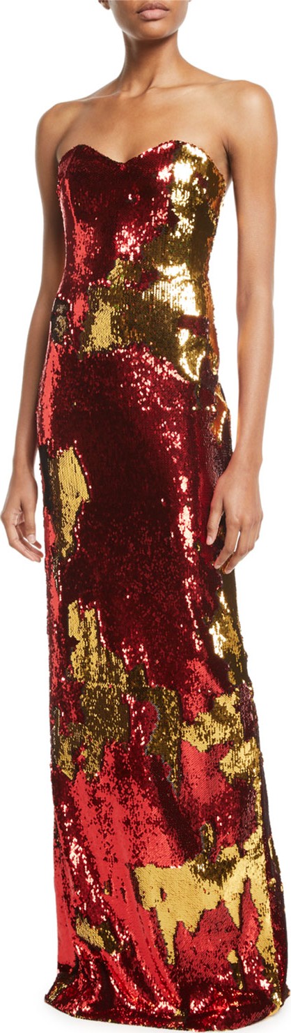 NK32 Naeem Khan Strapless Sequin Flocked Gown
