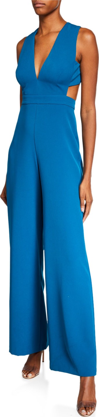 Aidan by Aidan Mattox Plunge-Neck Sleeveless Crepe Jumpsuit with Cutouts