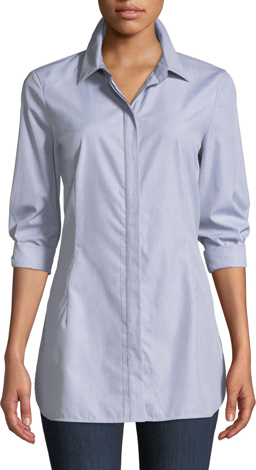 Lafayette 148 New York Jake Button-Front Long-Sleeve Cotton Shirting Blouse