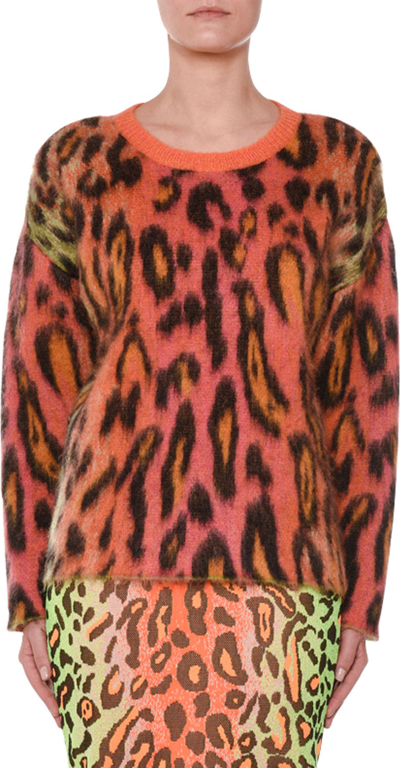 Stella McCartney Animal-Print Oversized Neon Mohair Pullover Sweater