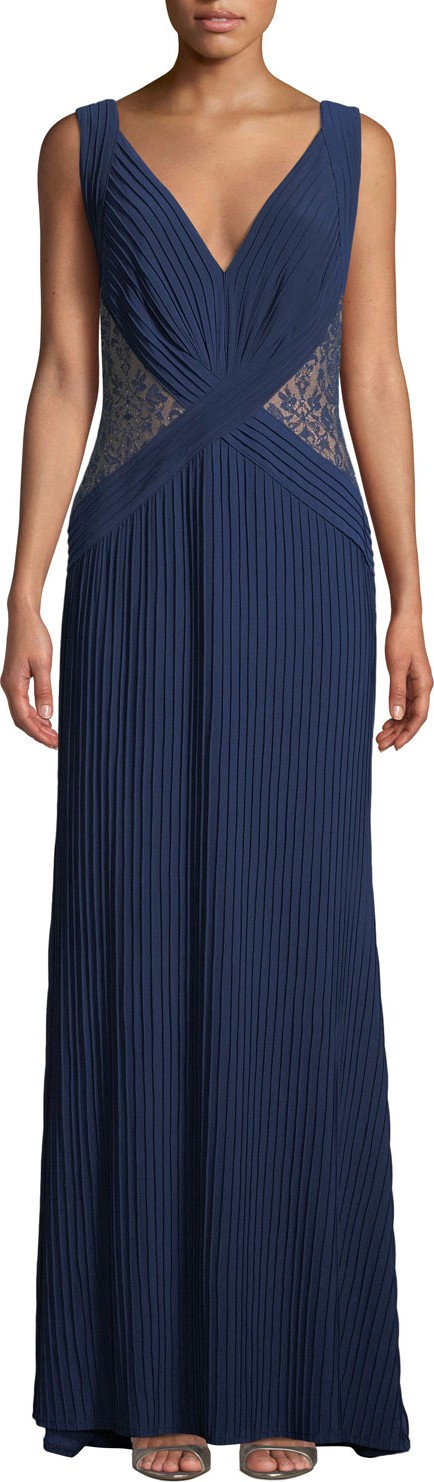 Tadashi Shoji Sleeveless Pintuck Jersey & Lace Gown