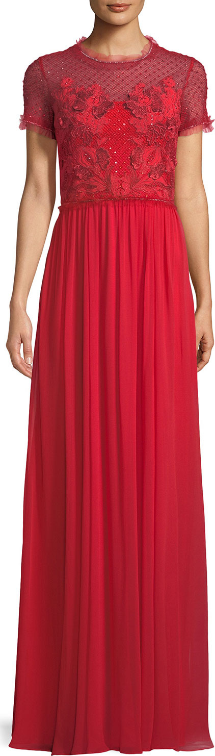 Jenny Packham Short-Sleeve Round-Neck Lace & Sequin Top Evening Gown