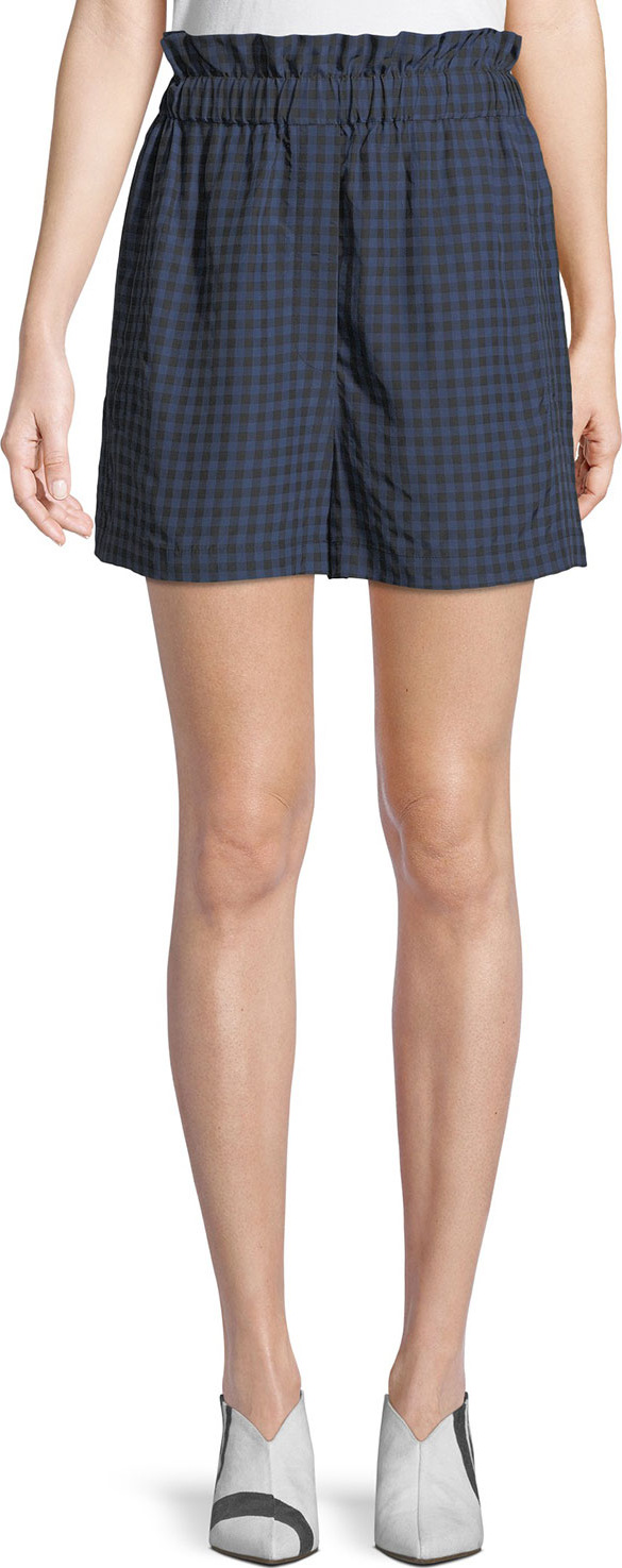 Tibi Gingham-Print Ruffle Pull-On Shorts
