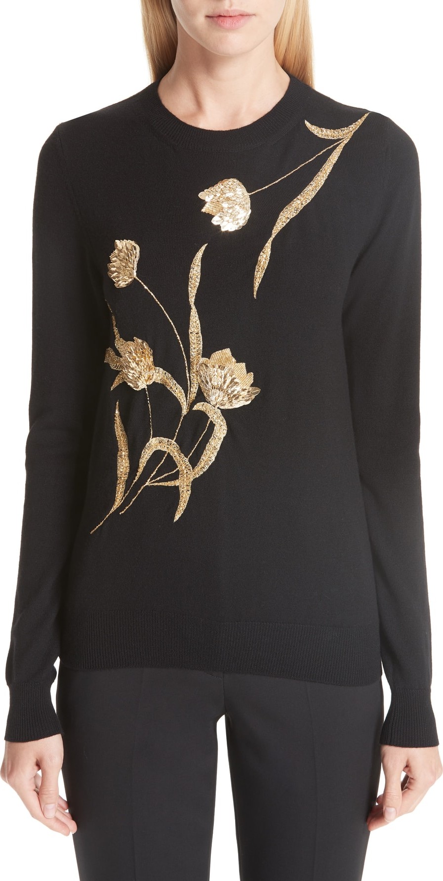 Oscar De La Renta Sequin Embellished Floral Wool Sweater