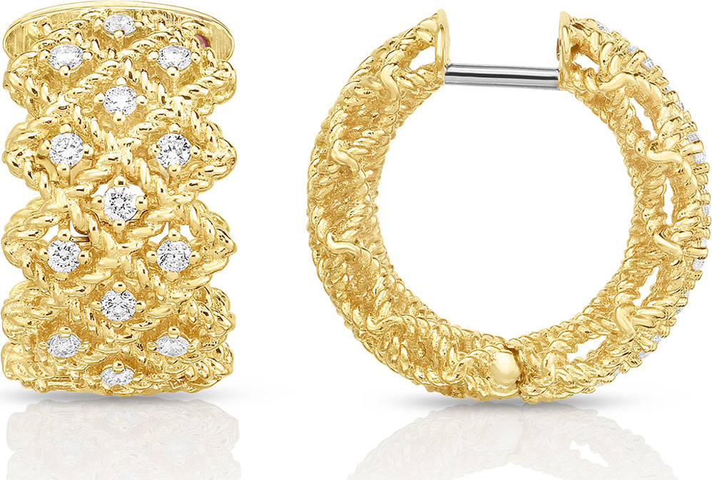 Roberto Coin Barocco Three-Row Huggie Earrings with Diamonds in 18K Gold