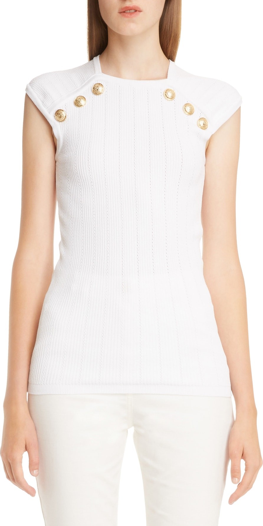 Balmain Shoulder Button Rib Knit Top