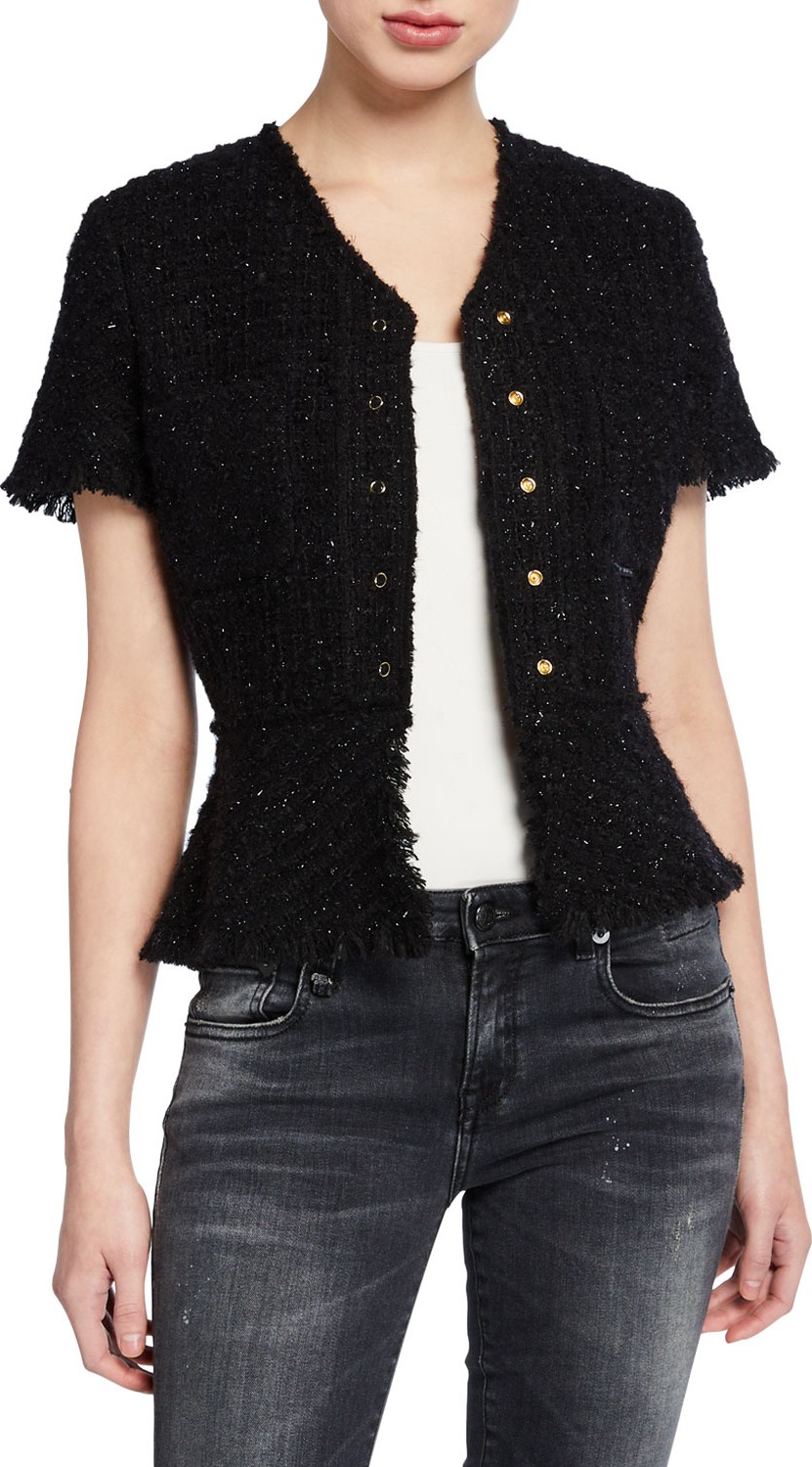 Alexander Wang Short-Sleeve Tweed Jacket with Frayed Edges